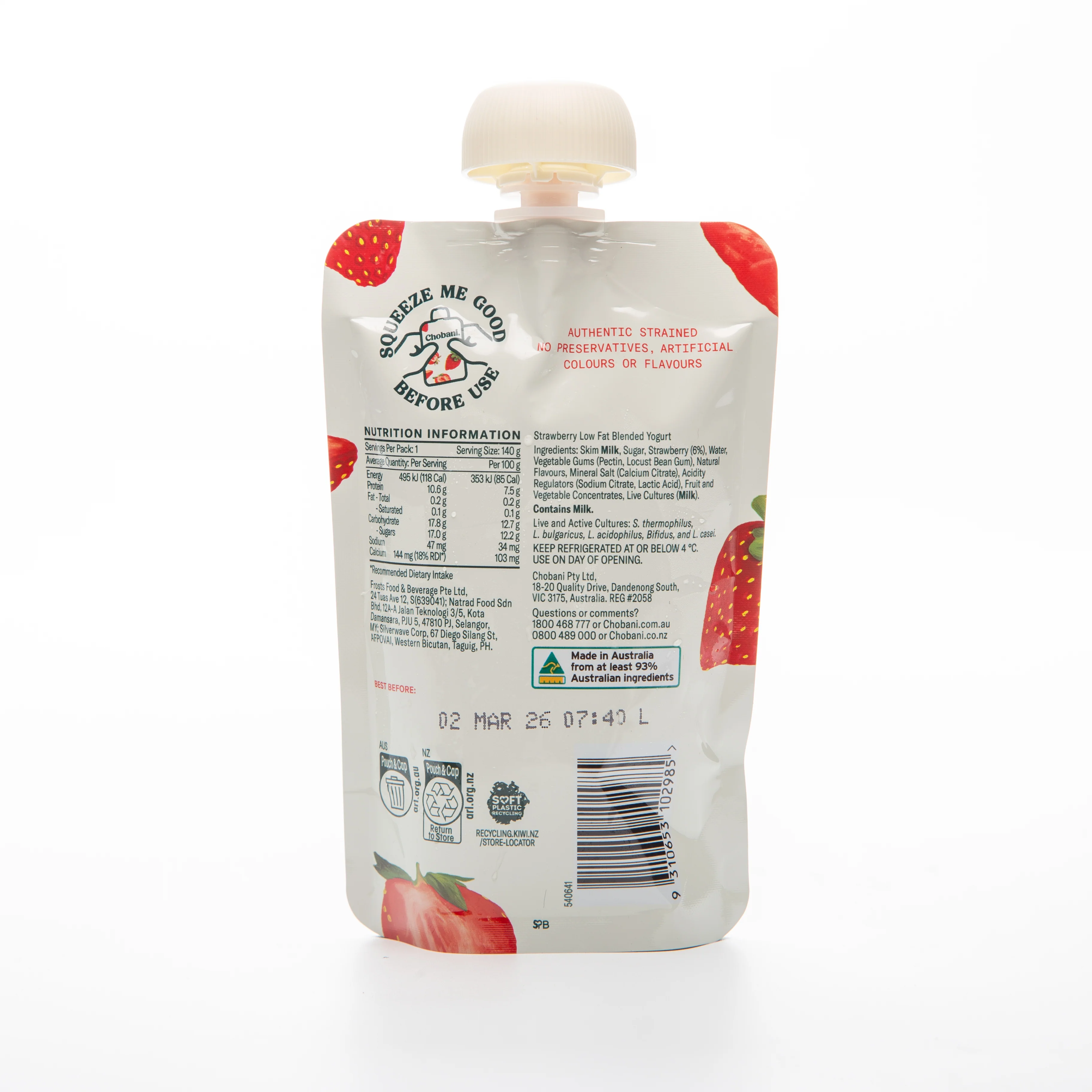 Chobani Strawberry Blended Greek Yogurt Pouch 140g - Image 2