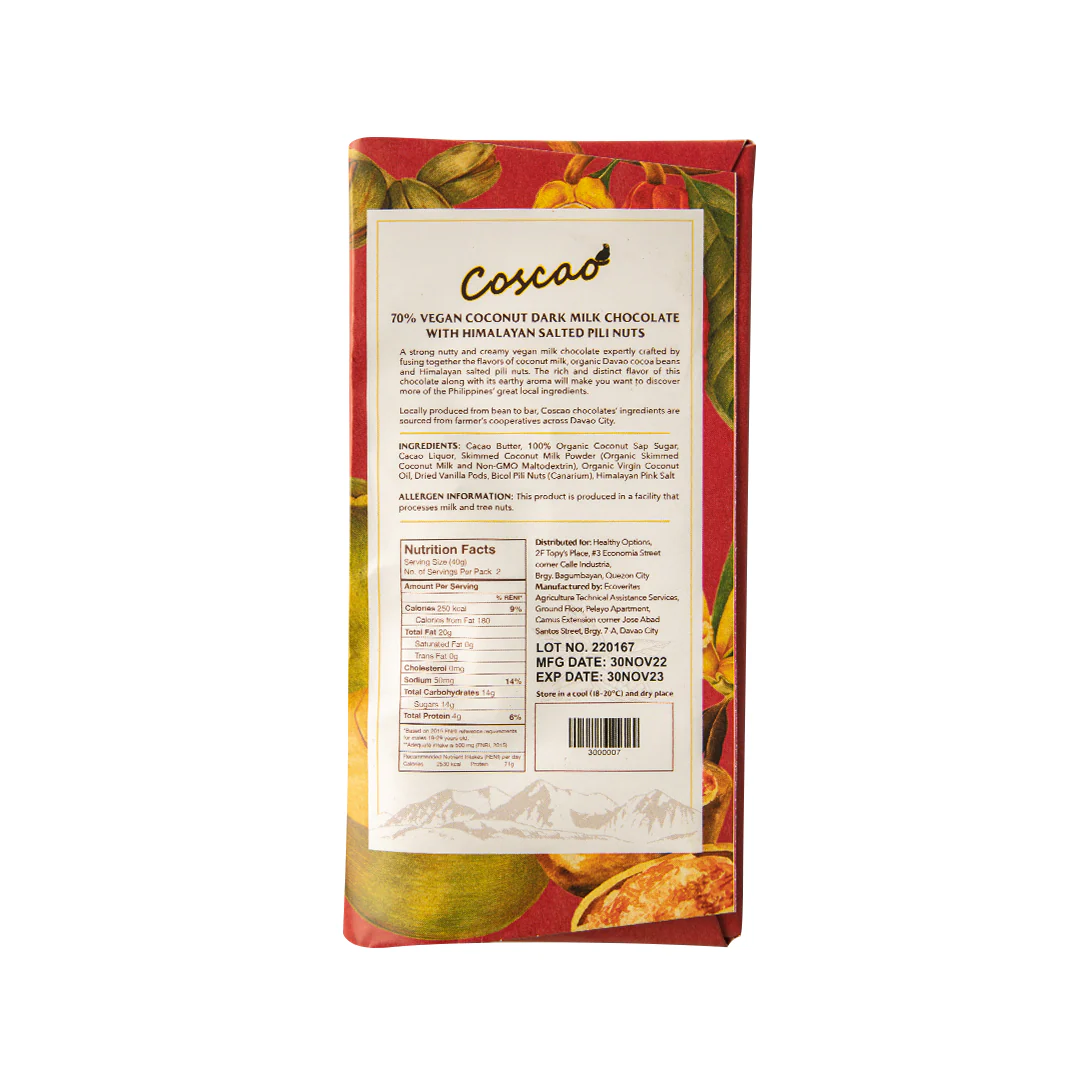 Coscao Vegan Coconut Milk Chocolate with Himalayan Salted Pili Nuts 70% Dark 80grams - Image 2