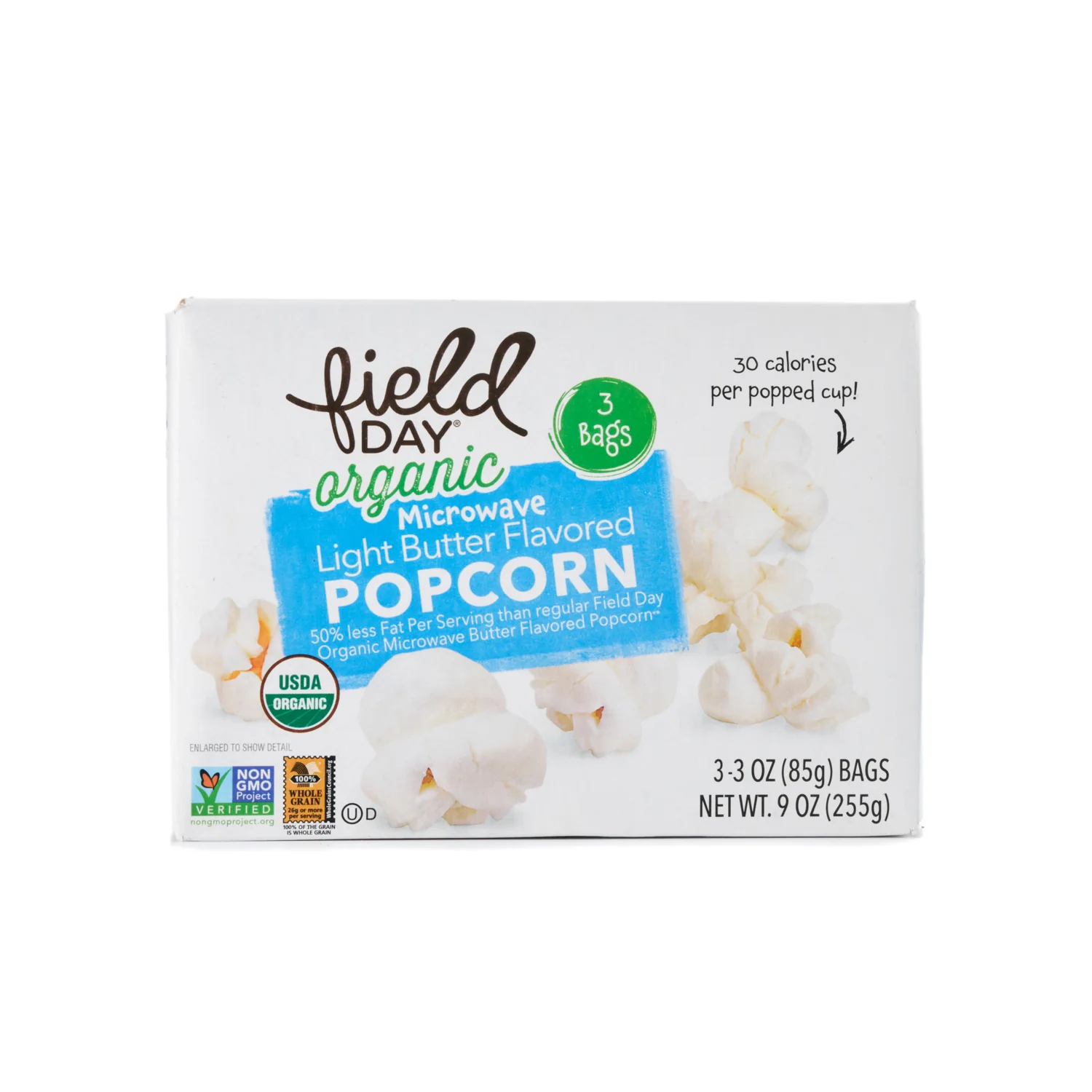 Field Day Organic Microwavable Light Butter Popcorn 255g (3 x 85g bags)