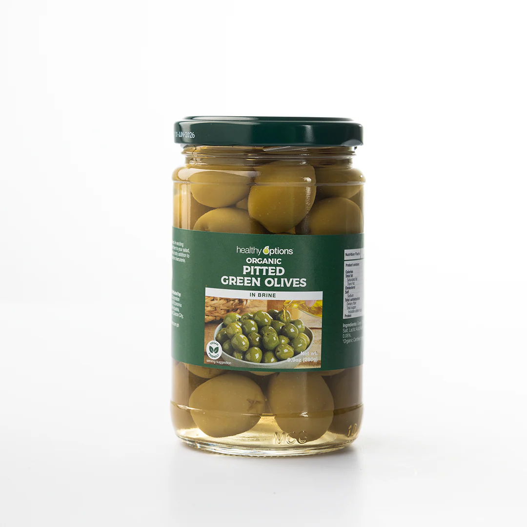 Healthy Options Organic Pitted Green Olives in Brine 280g