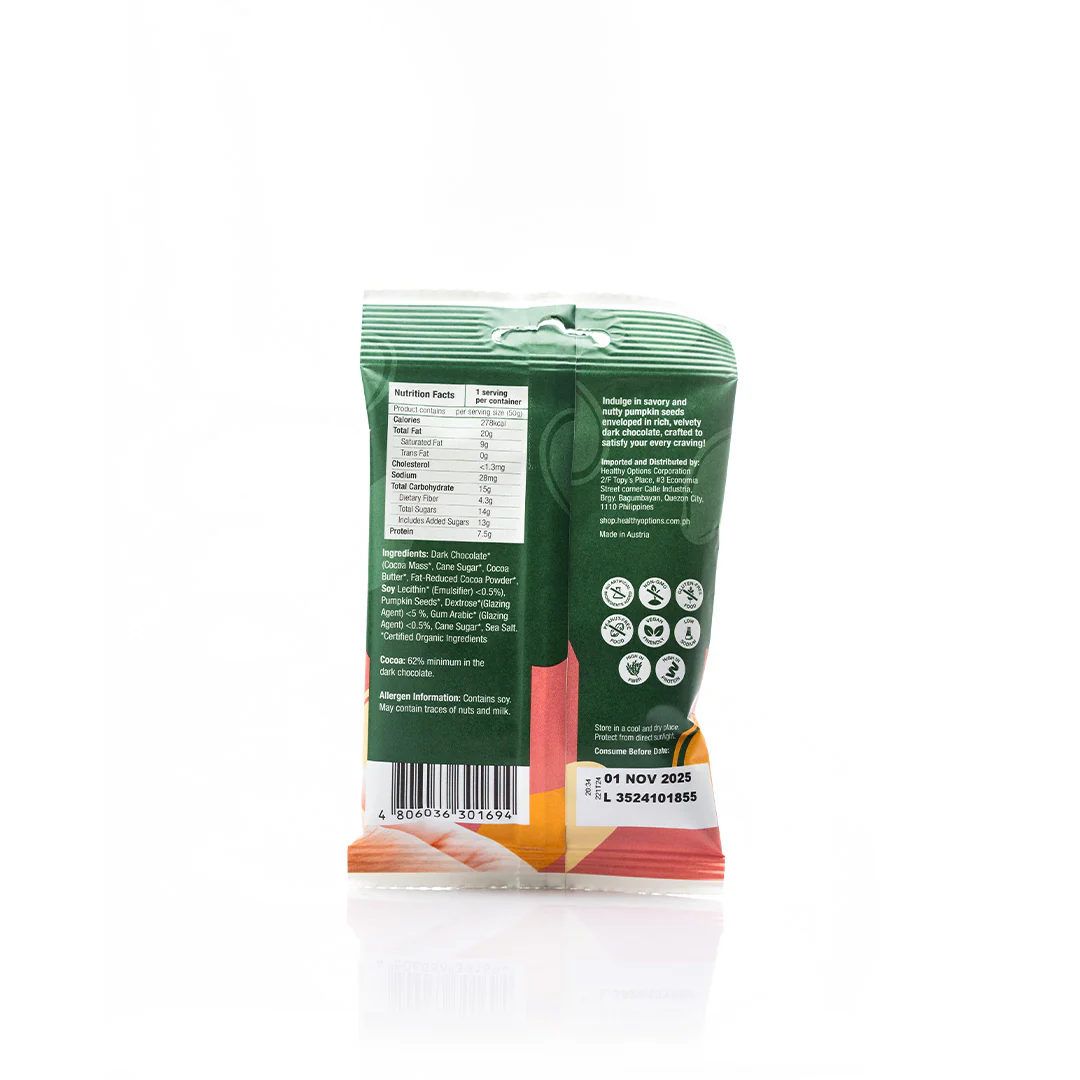 Healthy Options Organic Pumpkin Seeds in Dark Chocolate 50g - Image 2