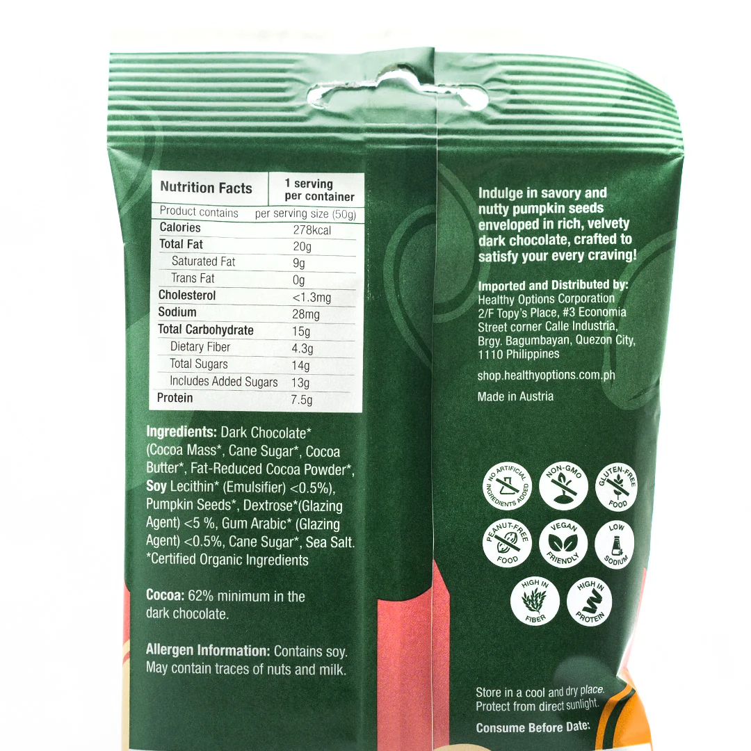 Healthy Options Organic Pumpkin Seeds in Dark Chocolate 50g - Image 3