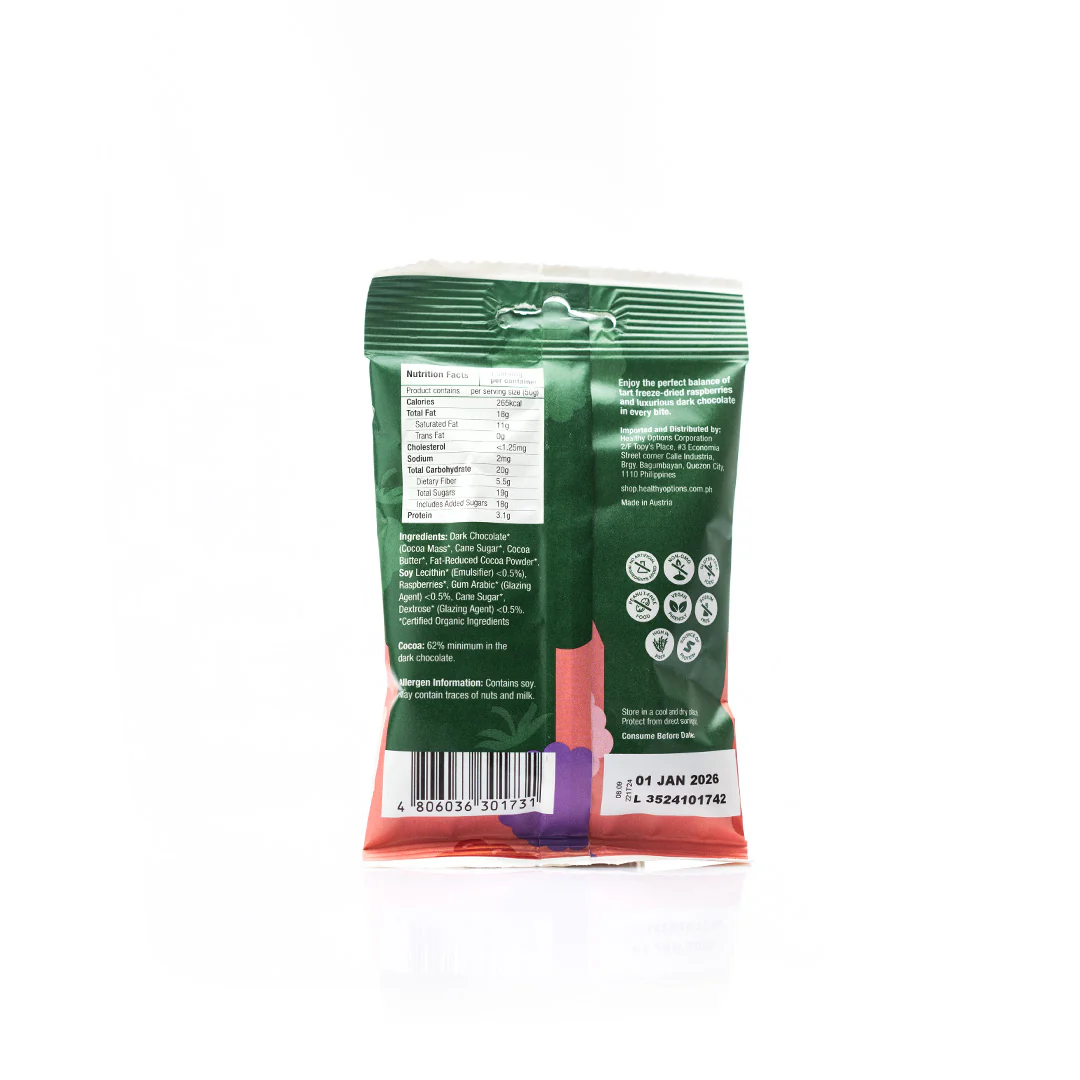 Healthy Options Organic Raspberries in Dark Chocolate 50g - Image 2
