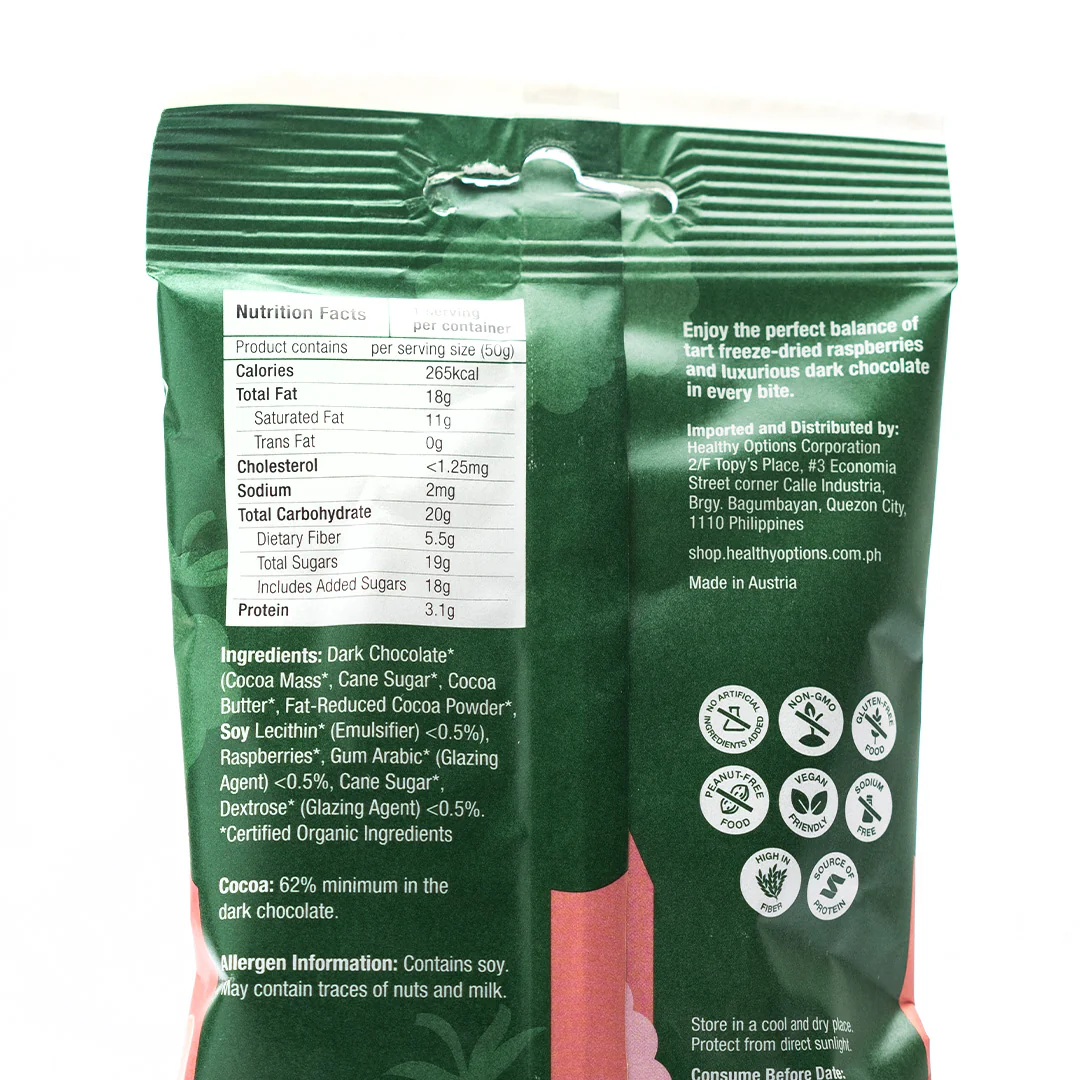 Healthy Options Organic Raspberries in Dark Chocolate 50g - Image 3