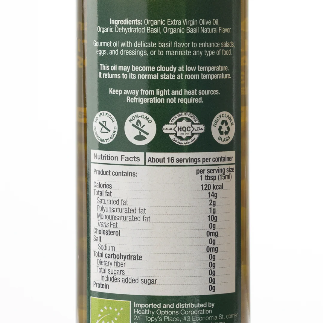 Healthy Options Organic Italian Extra Virgin Olive Oil with Basil 250ml - Image 2
