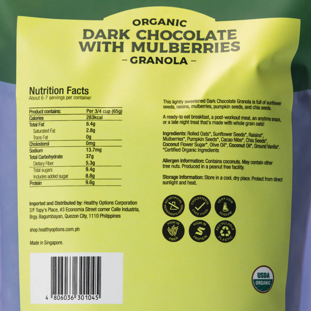 Healthy Options Organic Dark Chocolate with Mulberries Granola 397g - Image 2