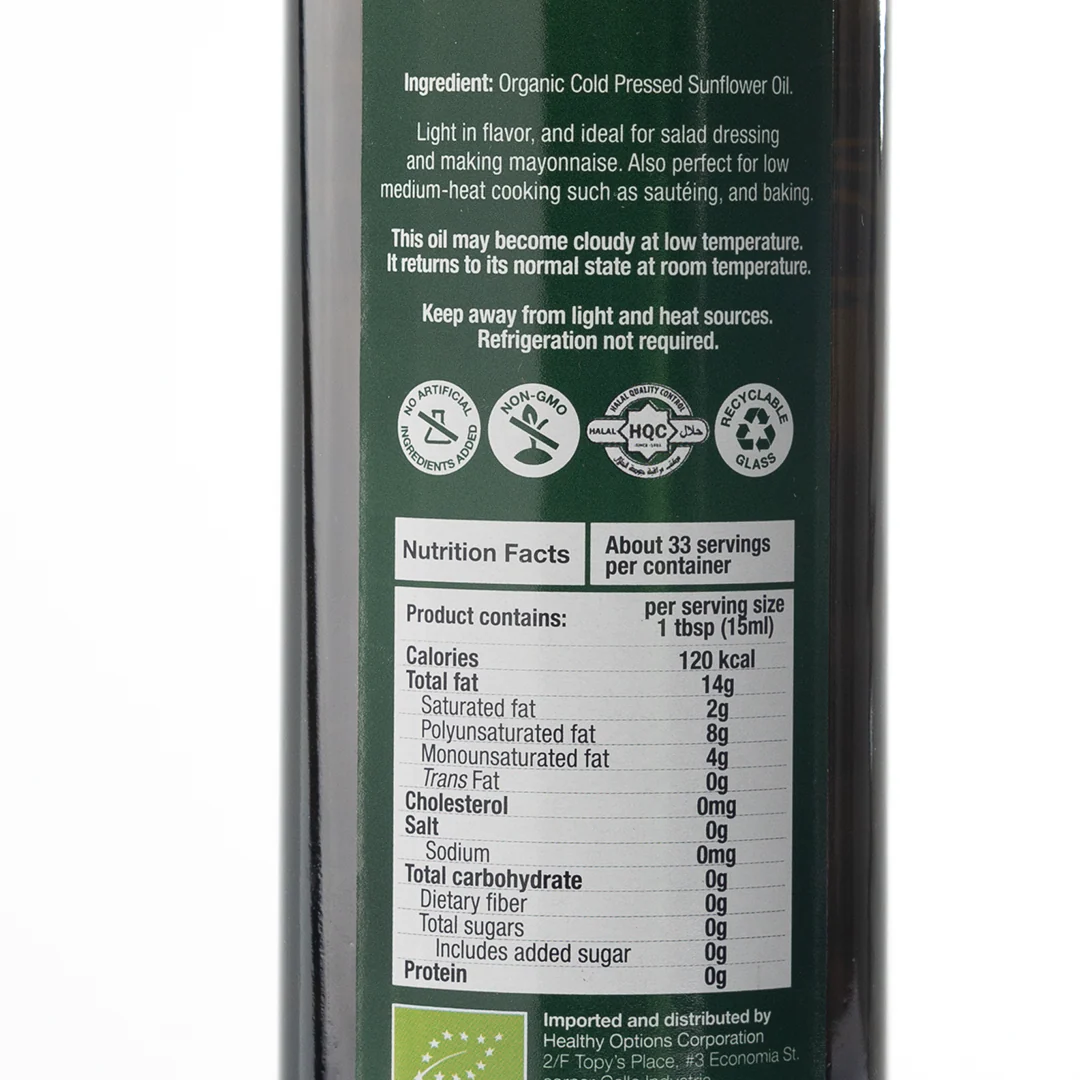 Healthy Options Organic Sunflower Oil 500ml - Image 2