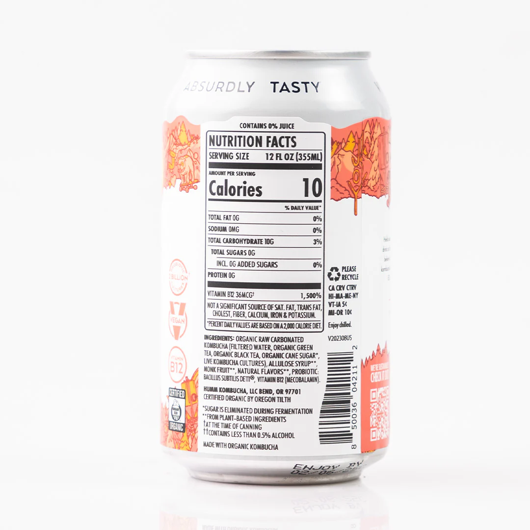 Humm Probiotic Kombucha Zero Sugar Peach Tea 355ml - Image 2