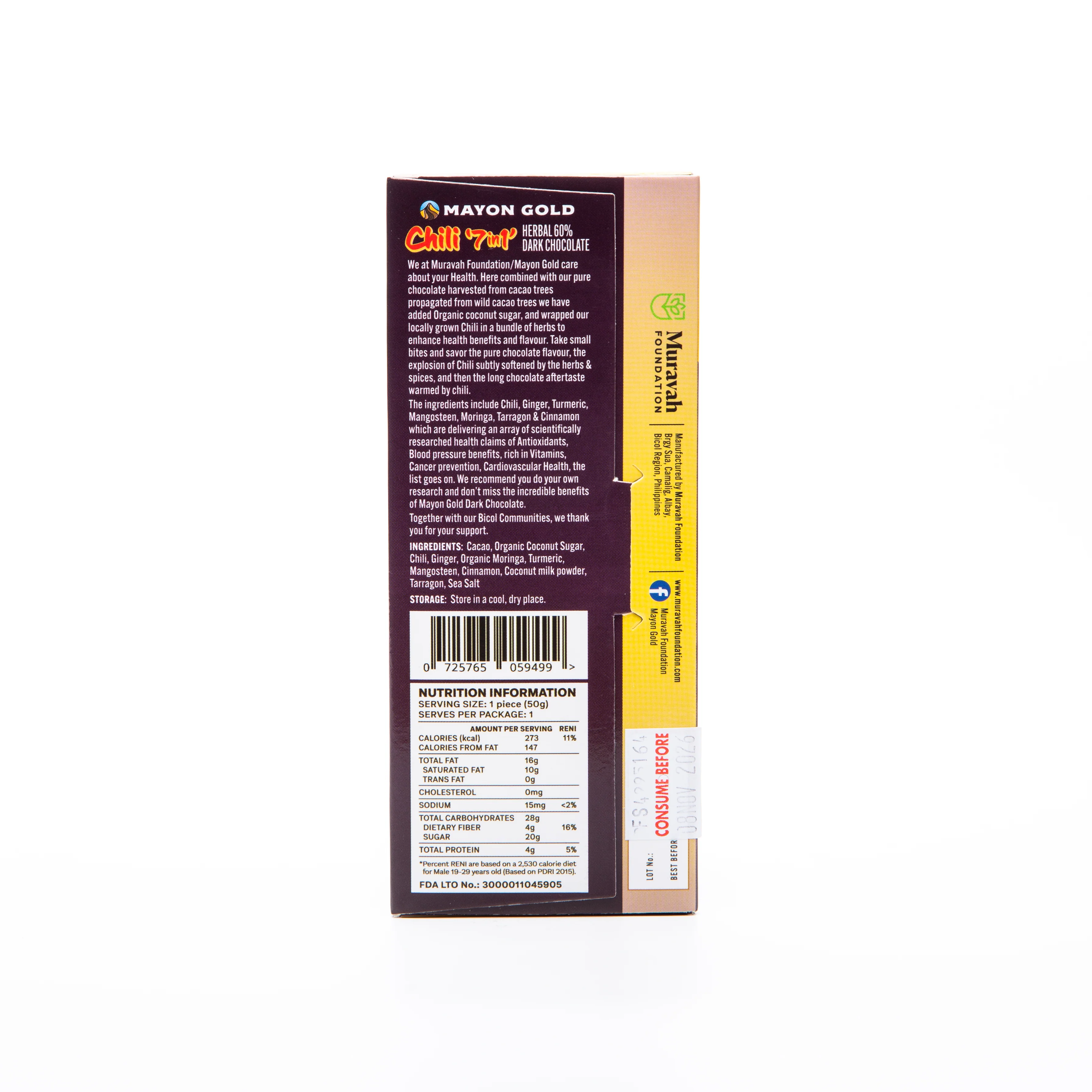 Mayon Gold 60% Dark Chocolate Chili 7in1 Herbal Bar 50g - Image 2