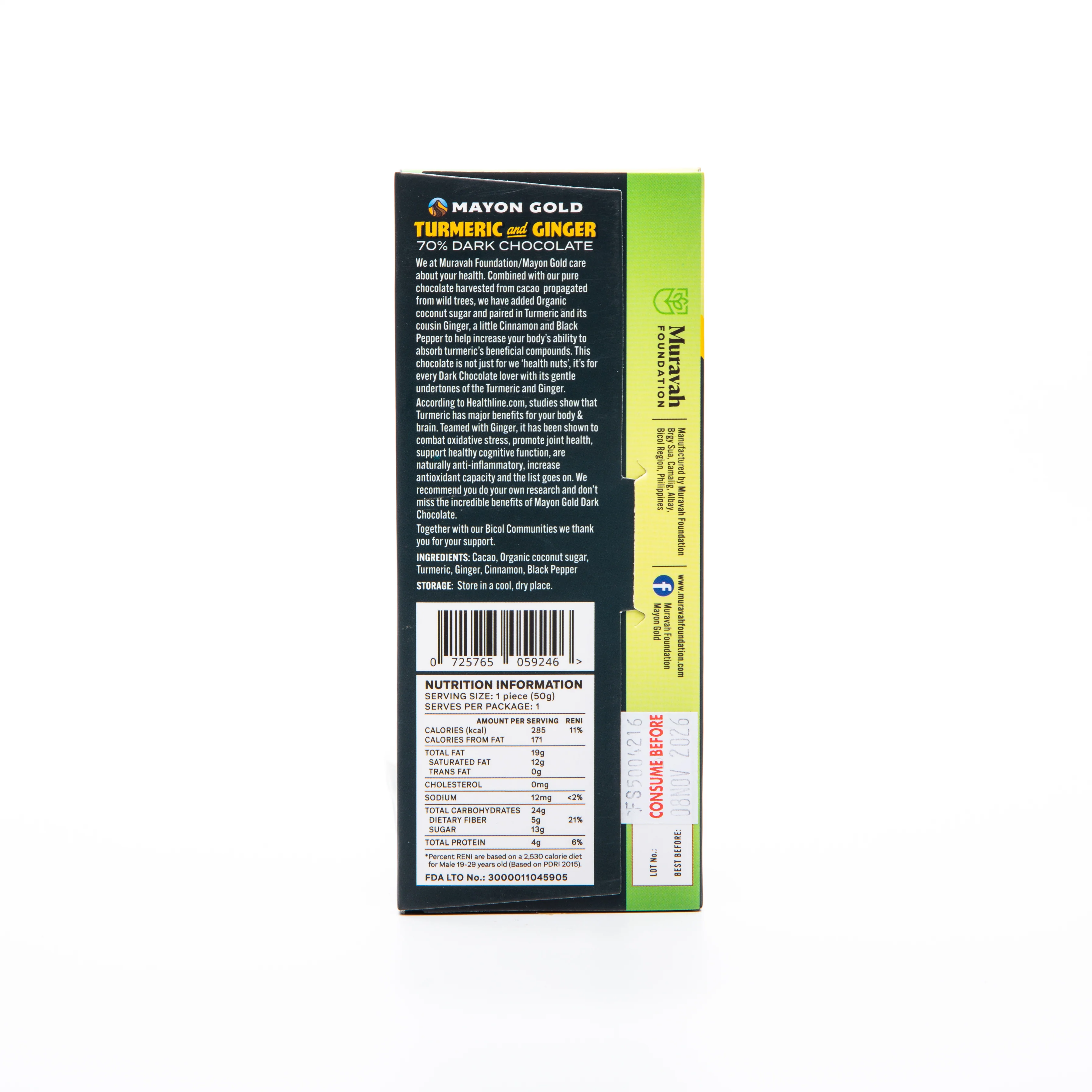 Mayon Gold 70% Dark Chocolate Turmeric and Ginger Bar 50g - Image 2