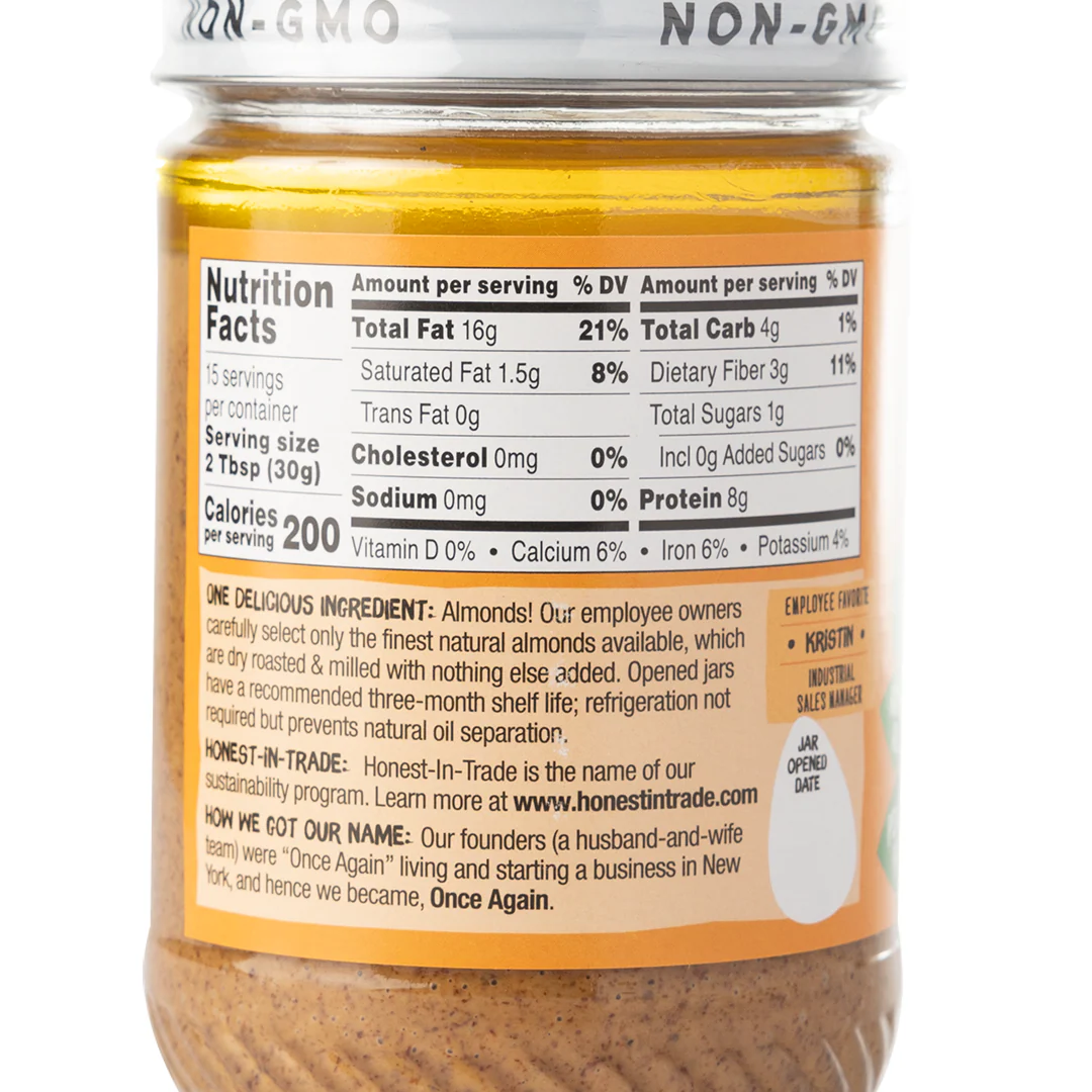 Once Again Unsweetened & Roasted Creamy Almond Butter 454g - Image 2