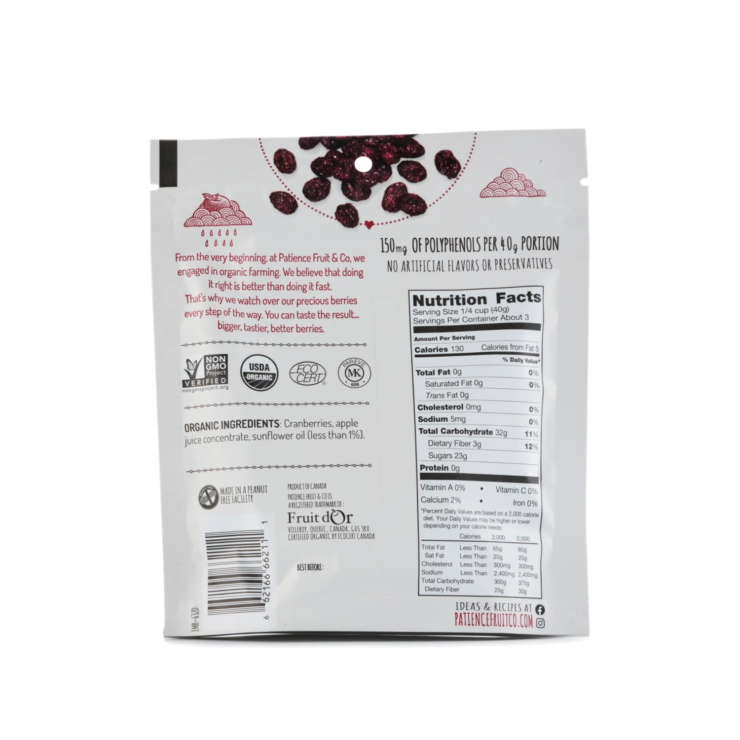 Patience Fruit & Co. Organic Dried Cranberries 113g - Image 2