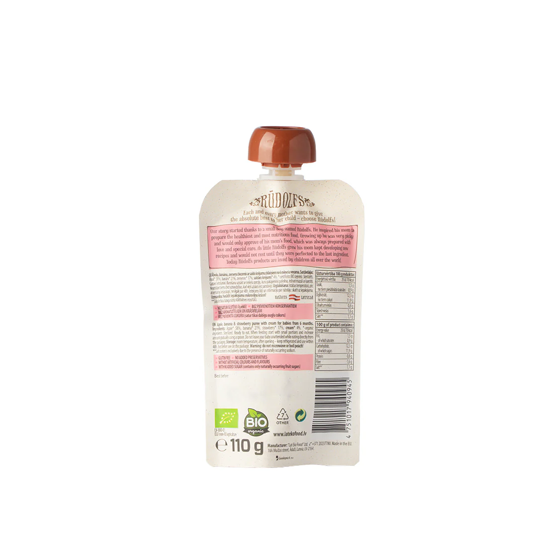 Rudolfs Organic Apple, Banana, Strawberry & Cream Puree 6+ Months Stage 2 110g - Image 2