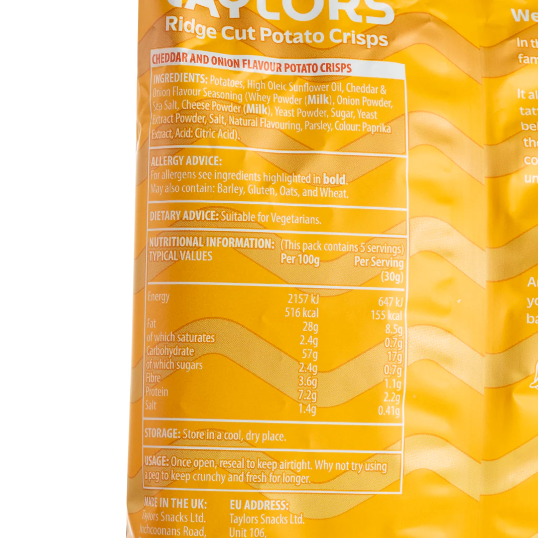Taylors Cheddar & Onion Ridge Cut Potato Crisps 150g - Image 2