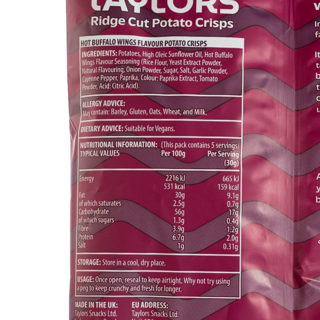 Taylors Hot Buffalo Wings Ridge Cut Potato Crisps 150g - Image 2