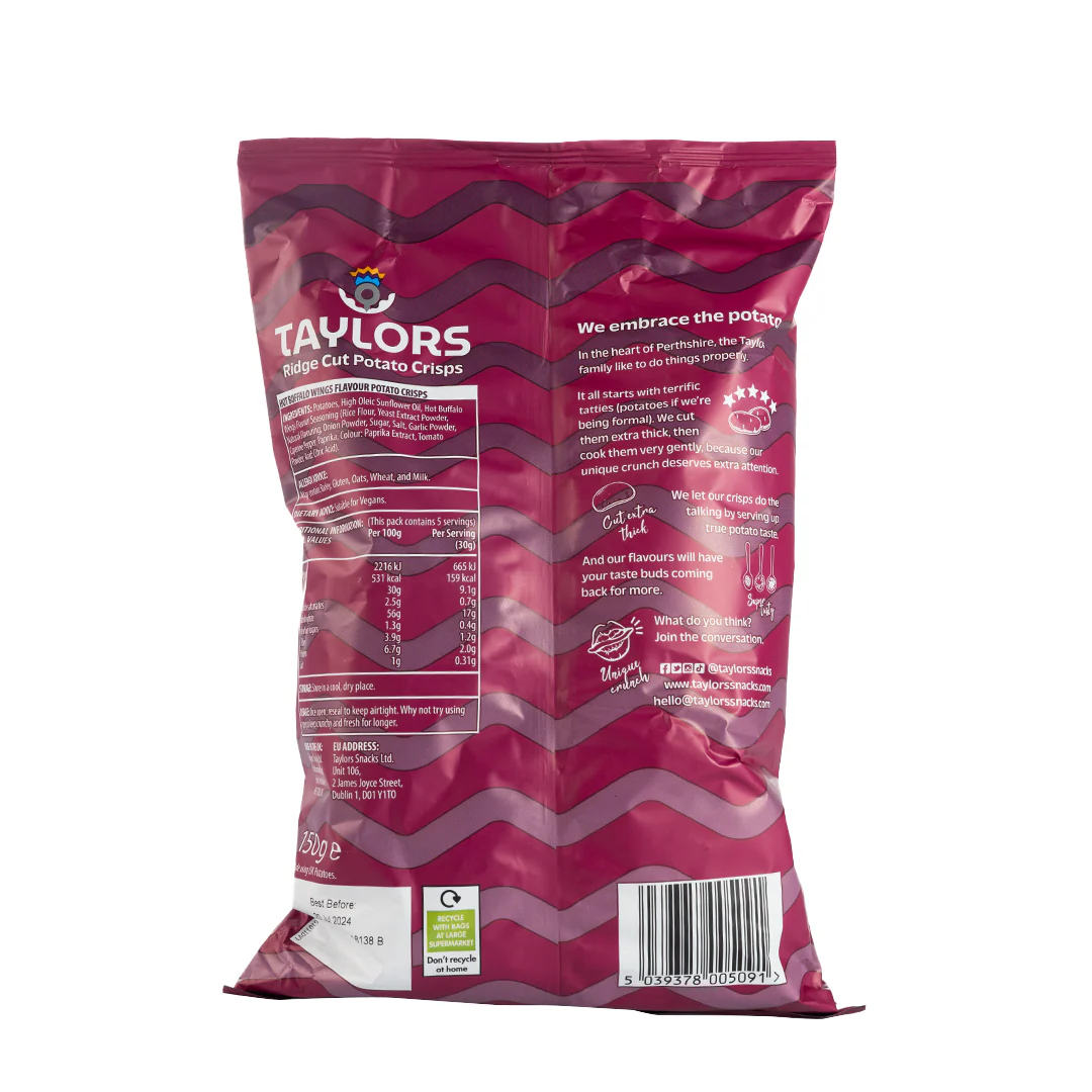Taylors Hot Buffalo Wings Ridge Cut Potato Crisps 150g - Image 3