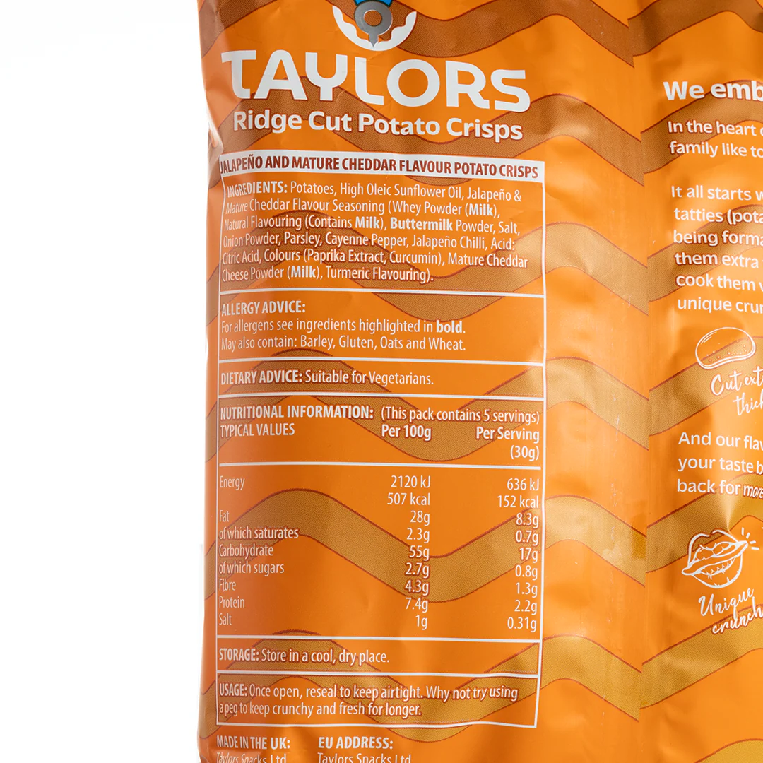 Taylors Jalapeno & Mature Cheddar Ridge Cut Potato Crisps 150g - Image 2