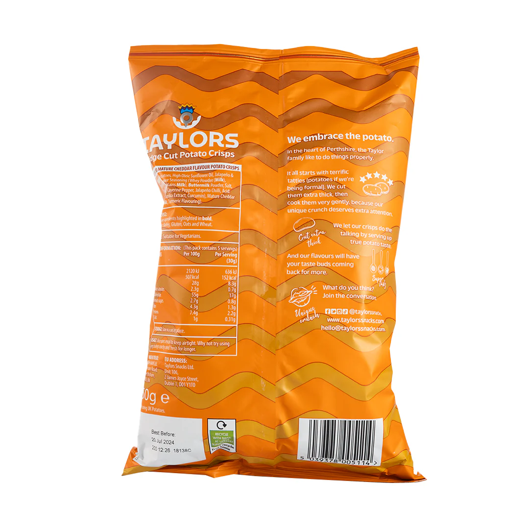Taylors Jalapeno & Mature Cheddar Ridge Cut Potato Crisps 150g - Image 3