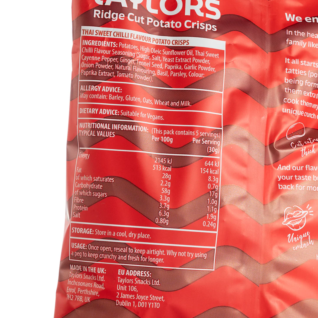 Taylors Thai Sweet Chili Ridge Cut Potato Crisps 150g - Image 2