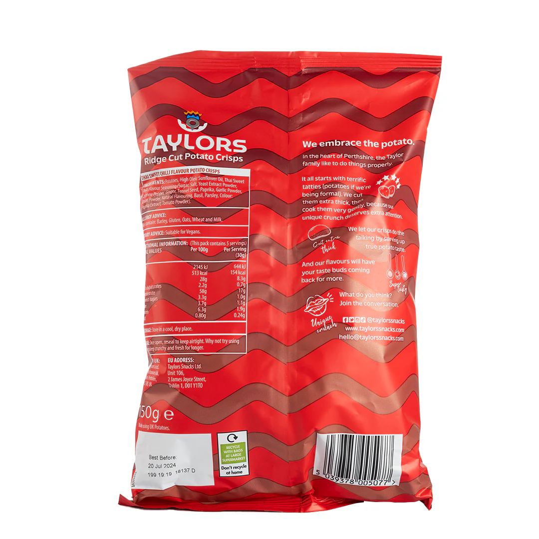 Taylors Thai Sweet Chili Ridge Cut Potato Crisps 150g - Image 3